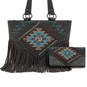 NWOT Montana West Charcoal and Turquoise Embellished Fringe Tote Bag